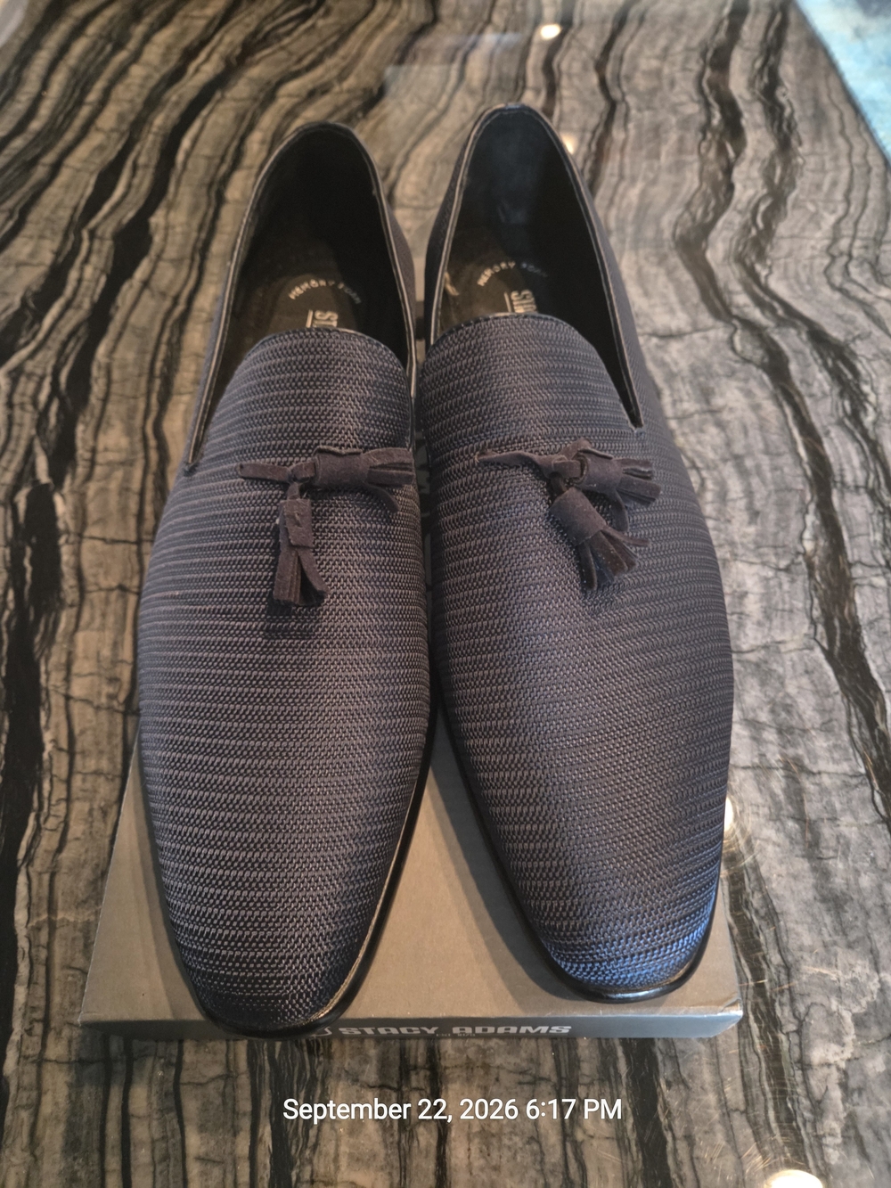 Stacy Adams Mens Tazewell Navy Tassel Loafers -Textured Slip-On Dress Shoes.Box